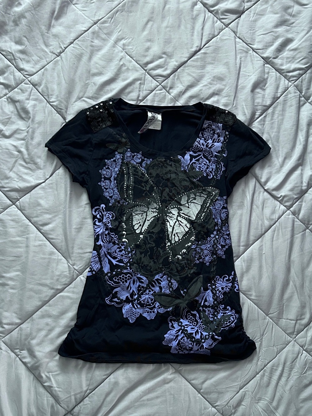 Ransom Black Short-Sleeve Tee with Purple Butterfly Design